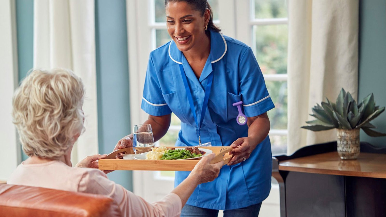 Female Care Worker In Uniform Bringing Meal On Tray To Senior Woman Sitting In Lounge At Home